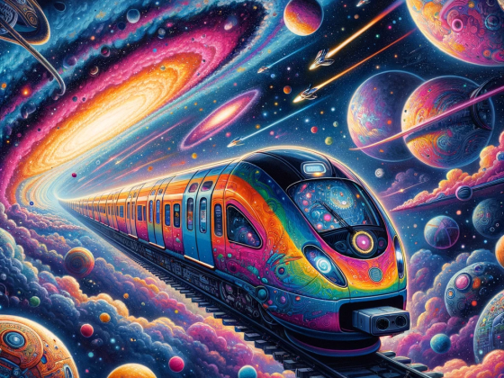 DALL·E 2024-01-07 21.18.34 - A reimagined Baureihe 650 train as a whimsical, futuristic spacecraft, soaring through a cosmic sky filled with stars, nebulas, and planets, in vibran