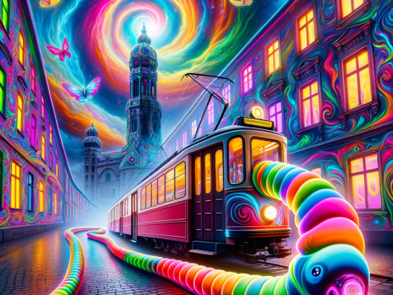 DALL·E 2024-01-07 21.24.00 - A surreal, vibrant image of a Leipziger Straßenbahn tram, transformed into a glowing, multicolored caterpillar winding through an enchanted cityscape