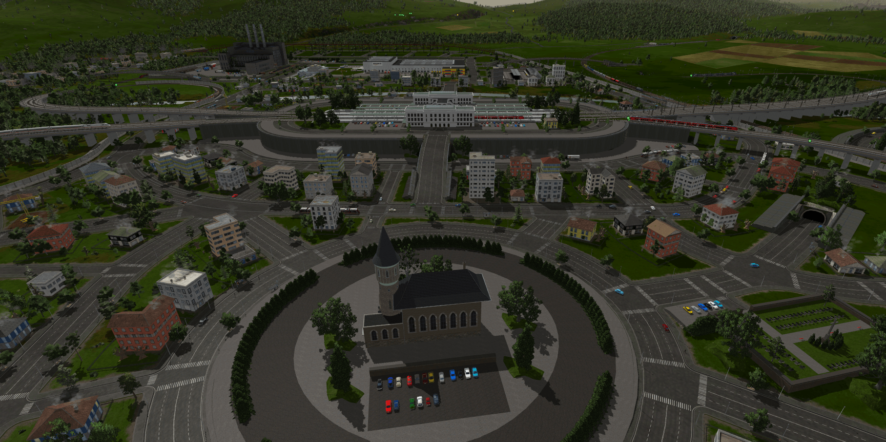 Stadt mit Hochbahnhof, Kirche und Friedhof 01