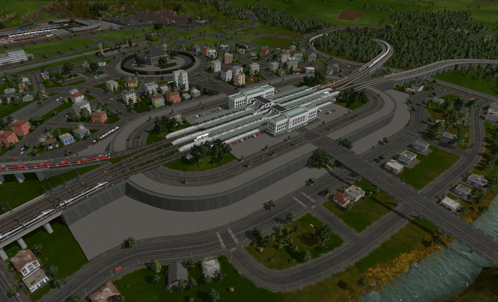 Stadt mit Hochbahnhof, Kirche und Friedhof 02