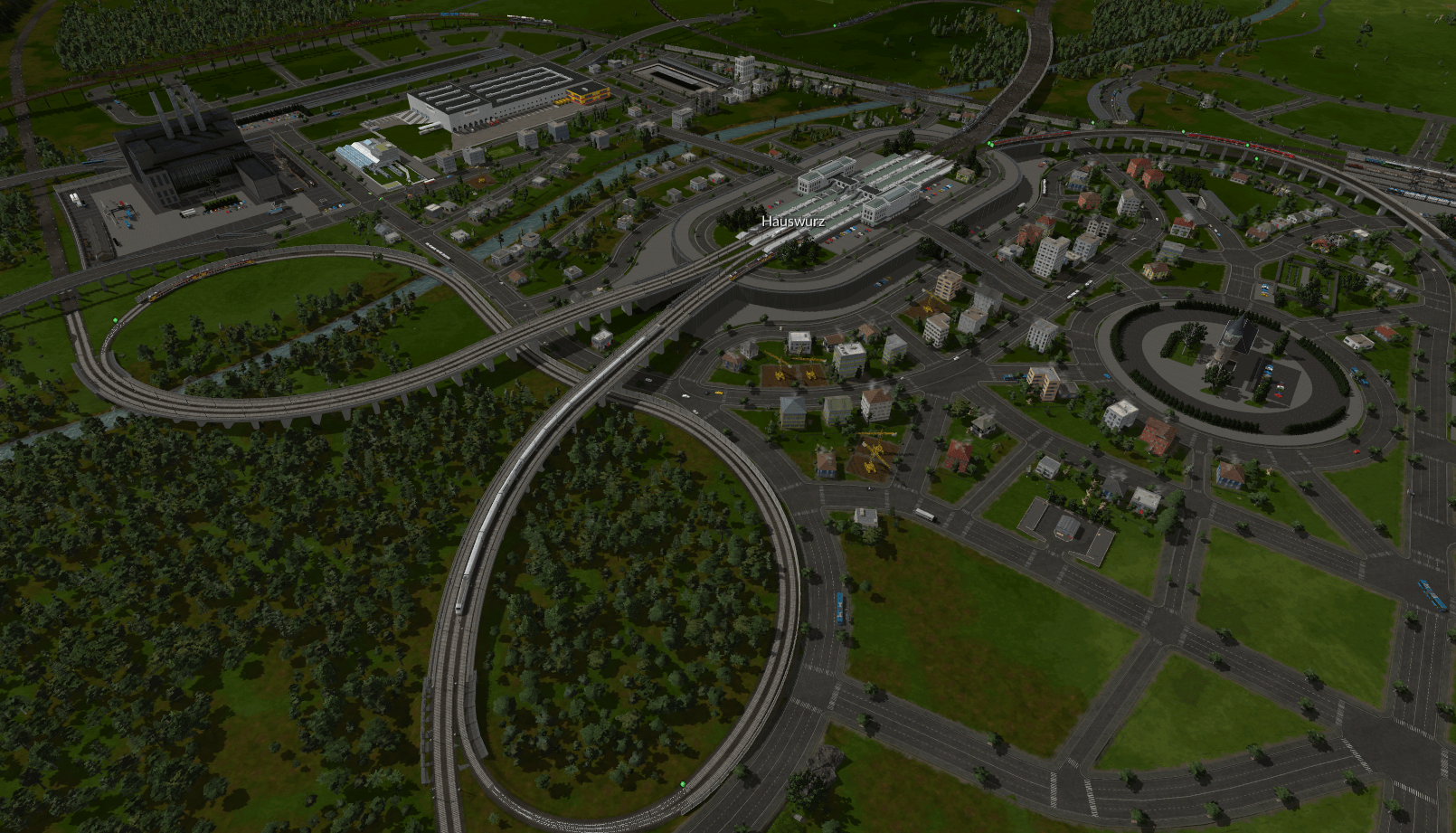 Stadt mit Hochbahnhof, Kirche und Friedhof 03