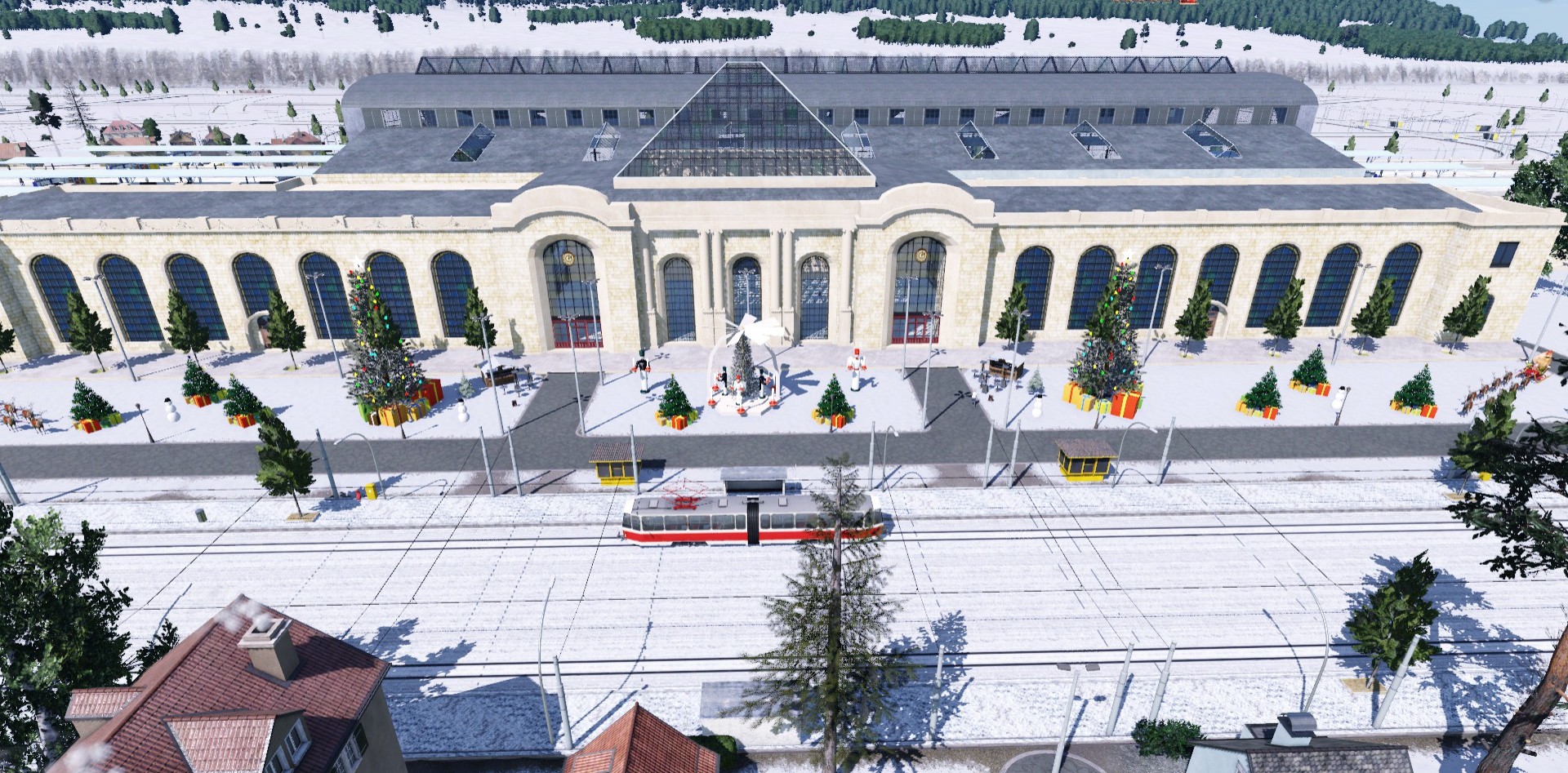 weihnachtlicher Bahnhofsvorplatz mit Glühwein- und Bratwurstständen