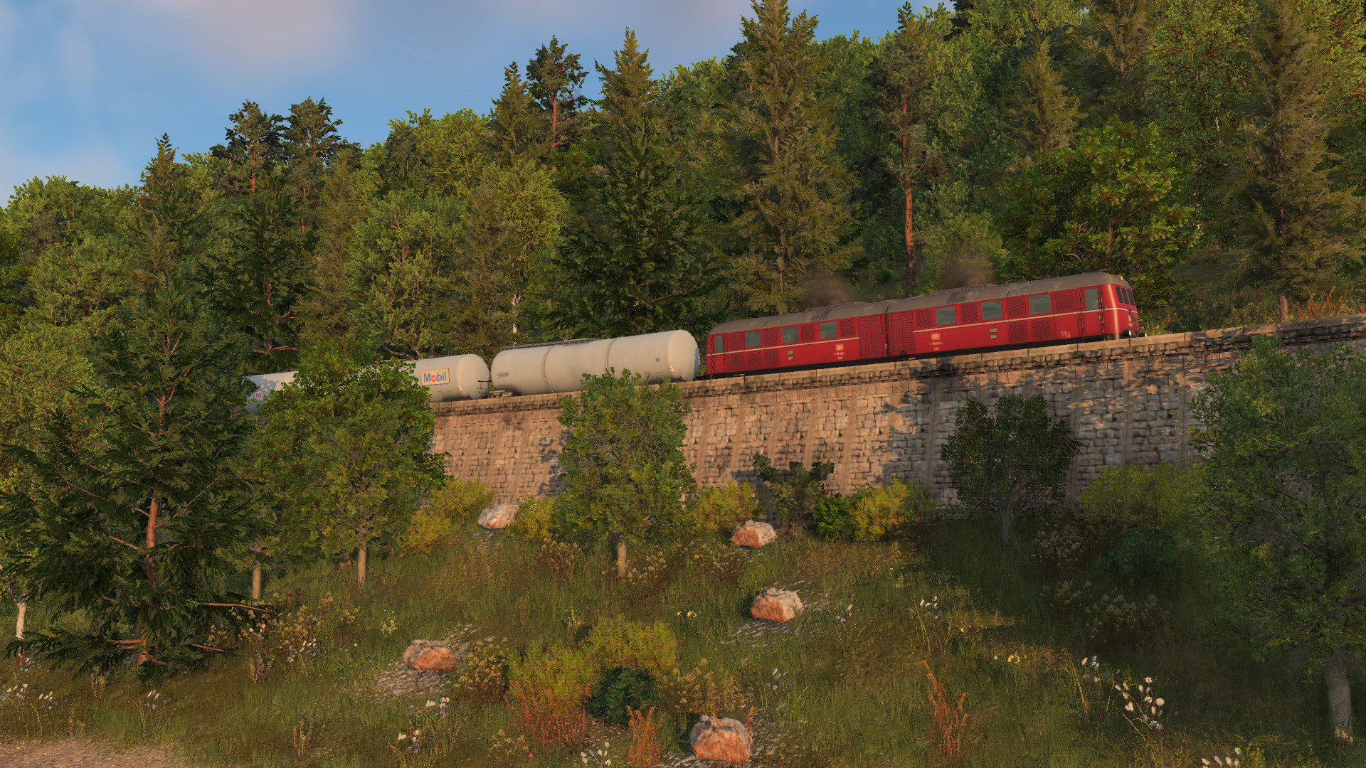 V188 mit Güterzug am Abend