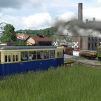 Bahnübergang mit Tram und Werkzeugfabrik in Neijang
