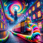 DALL·E 2024-01-07 21.24.00 - A surreal, vibrant image of a Leipziger Straßenbahn tram, transformed into a glowing, multicolored caterpillar winding through an enchanted cityscape