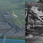 Current progress next to historical aerial shot.