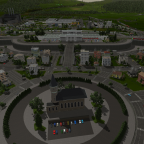 Stadt mit Hochbahnhof, Kirche und Friedhof 01