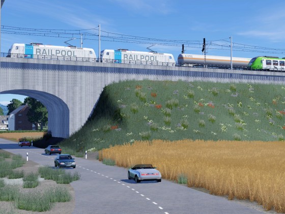 Doppeltraktion BR 187 von Railpool mit Kesselzug begegnet einem VRR Hamster auf einem Bahndamm