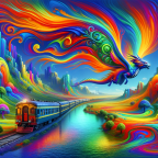 DALL·E 2024-01-07 21.21.11 - A surreal interpretation of a Dosto (double-decker) train, transformed into a vibrant, multicolored dragon flying over a landscape of psychedelic hill