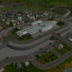 Stadt mit Hochbahnhof, Kirche und Friedhof 02