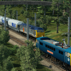 A passenger train from Bradford passes a biomass train on the Leeds-Manchester electrified route.