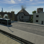 Doppelgelenkbus auf dem Weg in die Burg von Vorne