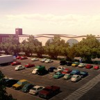 Sitze gerade im Bahnhhofsrestaurant mit Blick auf den Parkplatz